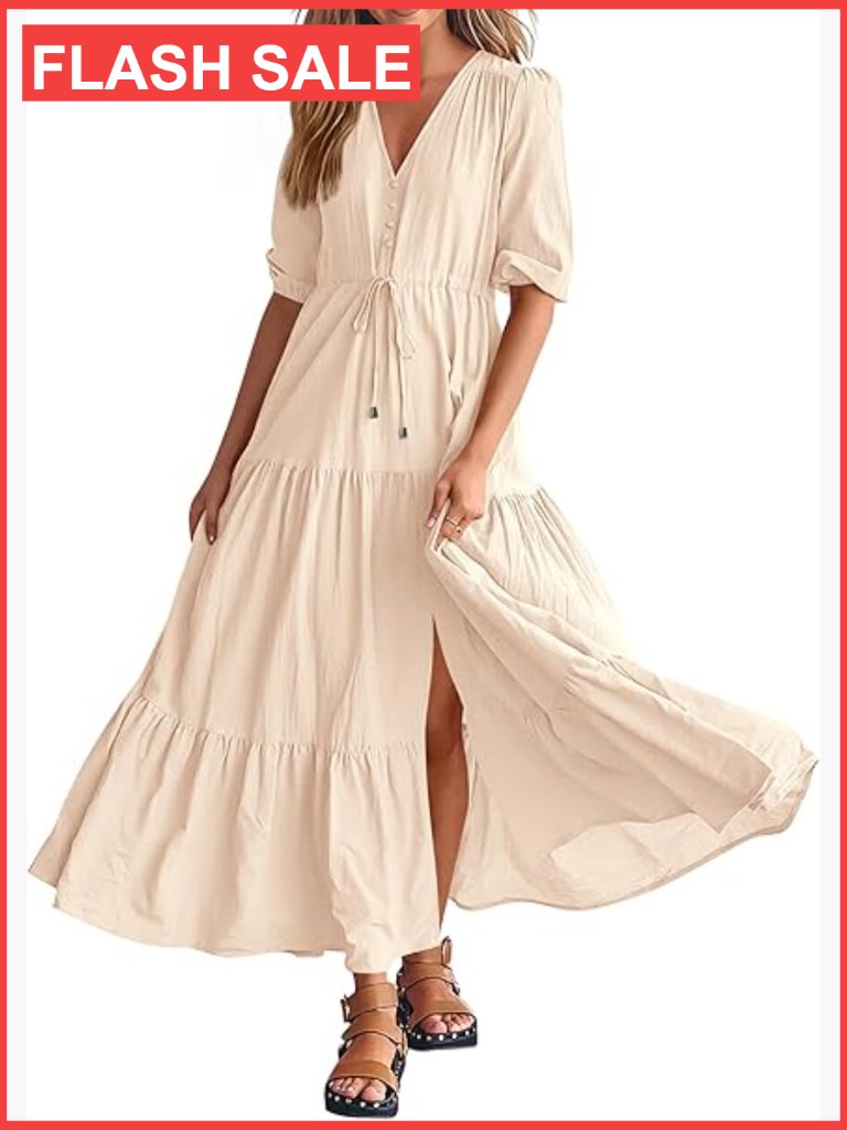 Short Sleeve V Neck Maxi Dress With Button And Drawstring